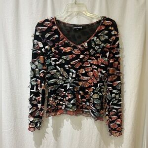 SNO SKINS Black Long Sleeve V-Neck Top with Multicolor Mosaic Accents Medium